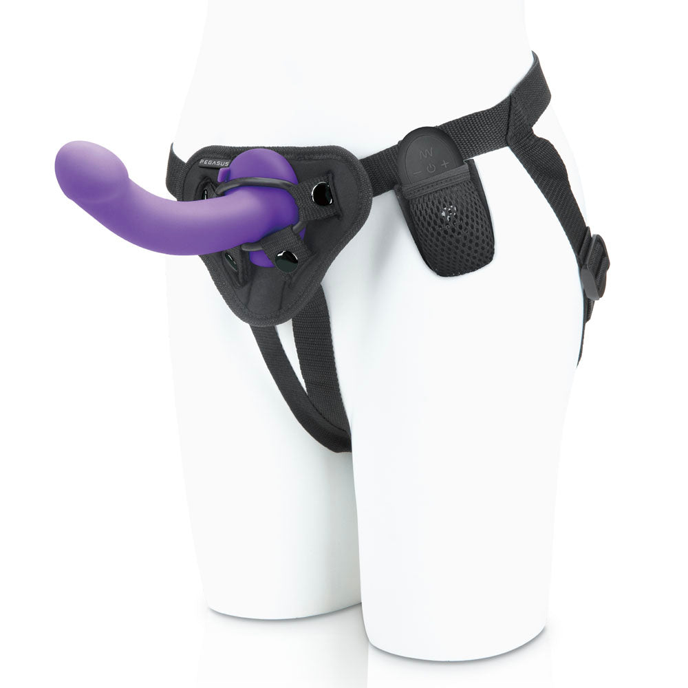 Pegasus 6 Inch Wireless Remote Curved Purple Peg With Harness > Dildos > Strap On Harnesses