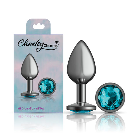 Cheeky Charms Gunmetal Round Butt Plug with Teal Jewel Medium > Anal Range > Jewel Butt Plugs