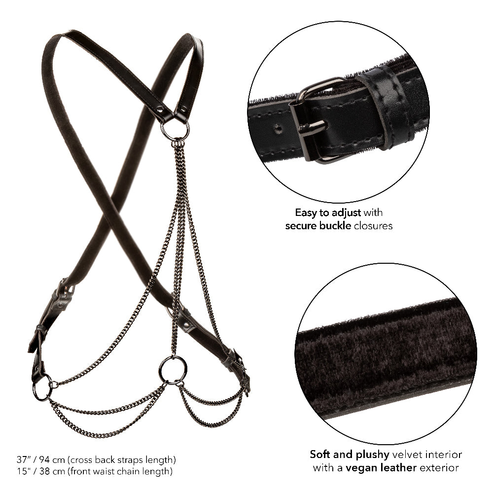 Euphoria Collection Multi Chain Harness with Black Vegan Leather and Velvet Interior, Adjustable Cross Back Design, One Size Womens Harnesses