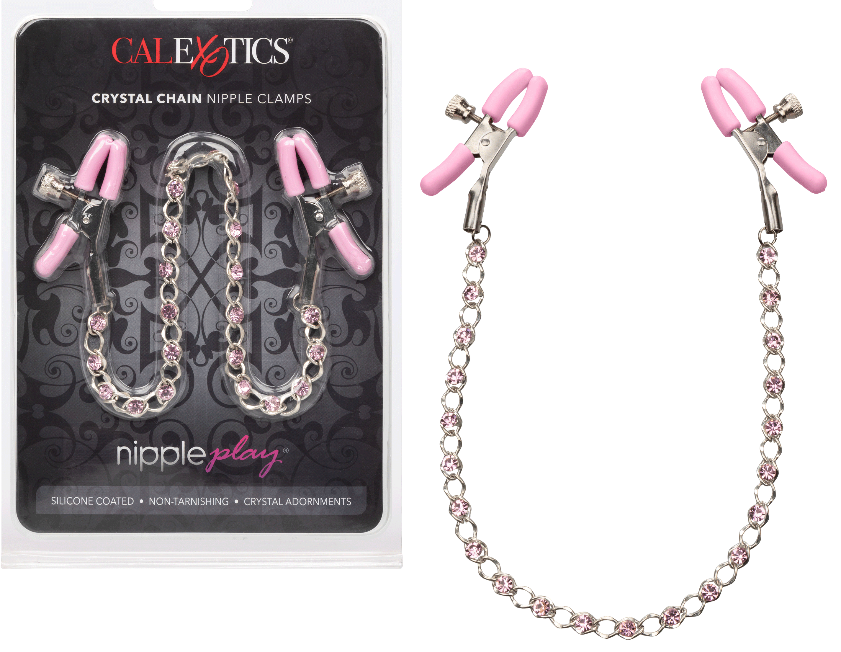 Nipple Play Crystal Chain Adjustable Nipple Clamps with Pink Silicone Coating and Sparkling Crystals > Sex Toys > Nipple Clips