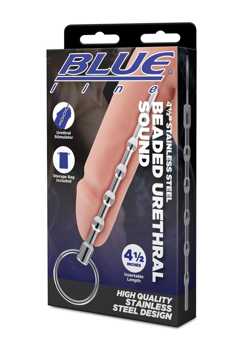 Blue Line 4.5 Inch Stainless Steel Beaded Urethral Sound in Blue > Sex Toys For Men > Sounding Rods