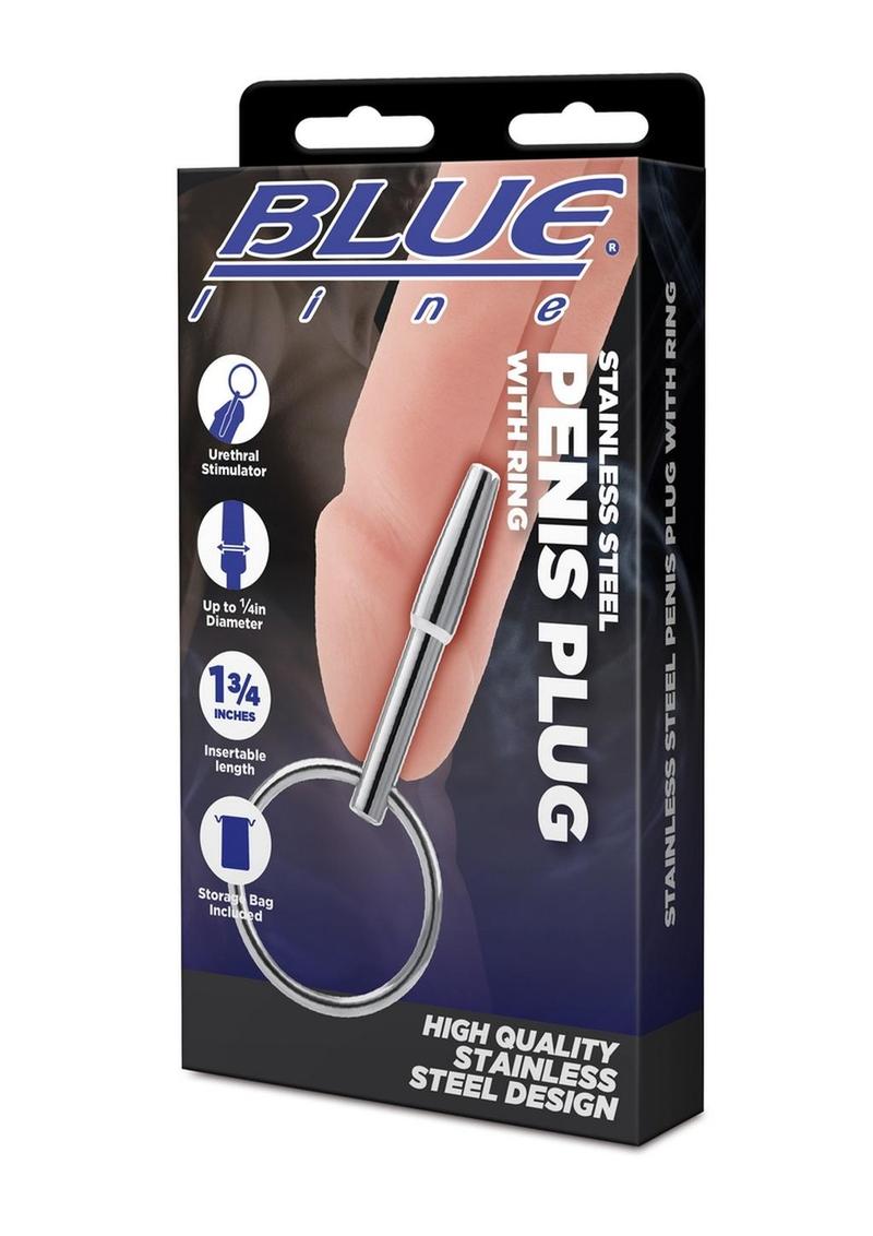 Blue Line Stainless Steel Penis Plug with Ring 1 3/4 Inch Insertable Length > Sex Toys For Men > Sounding Rods