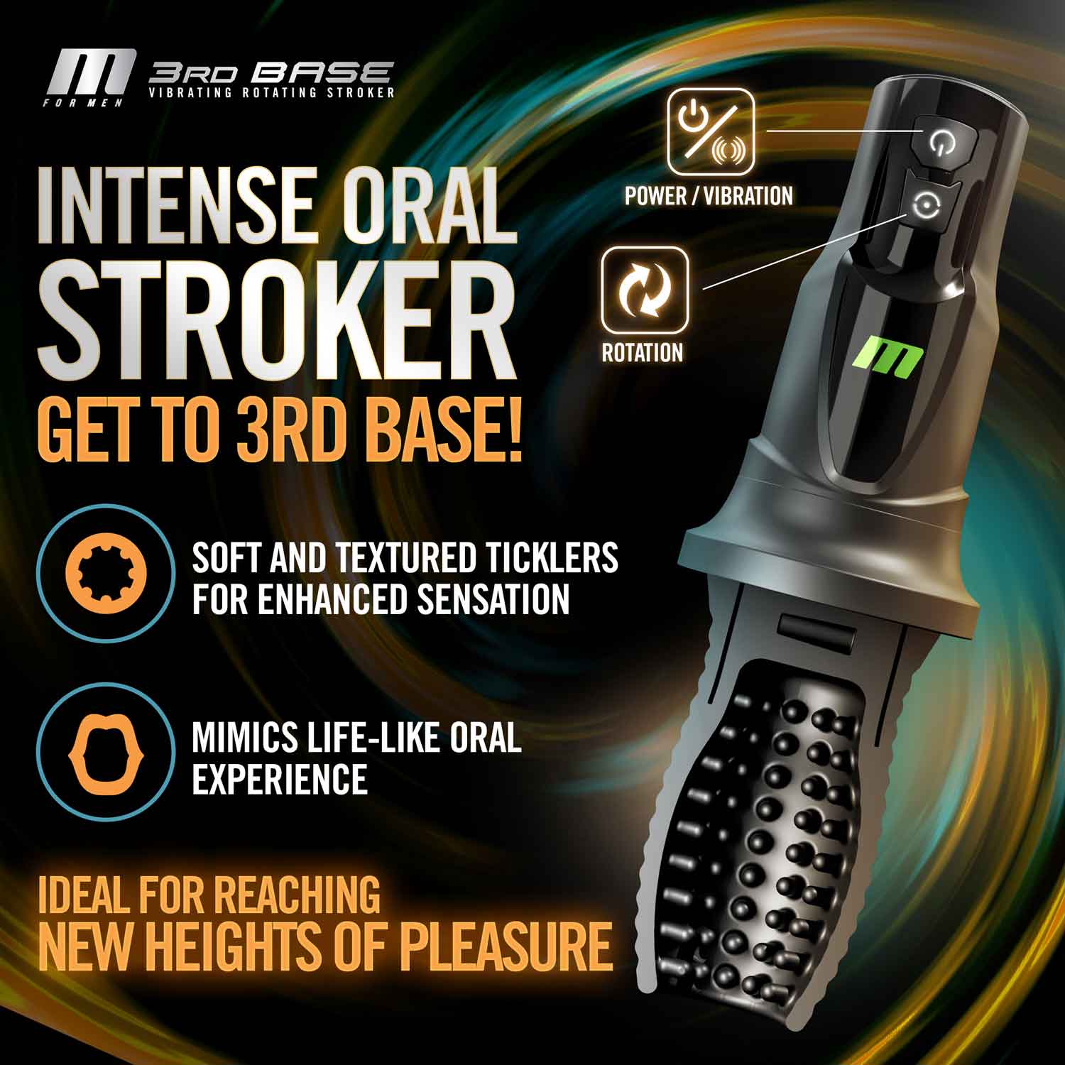 M For Men 3rd Base Oral Stroker Black Ergonomic Handle > Sex Toys For Men > Masturbators > Vibrating