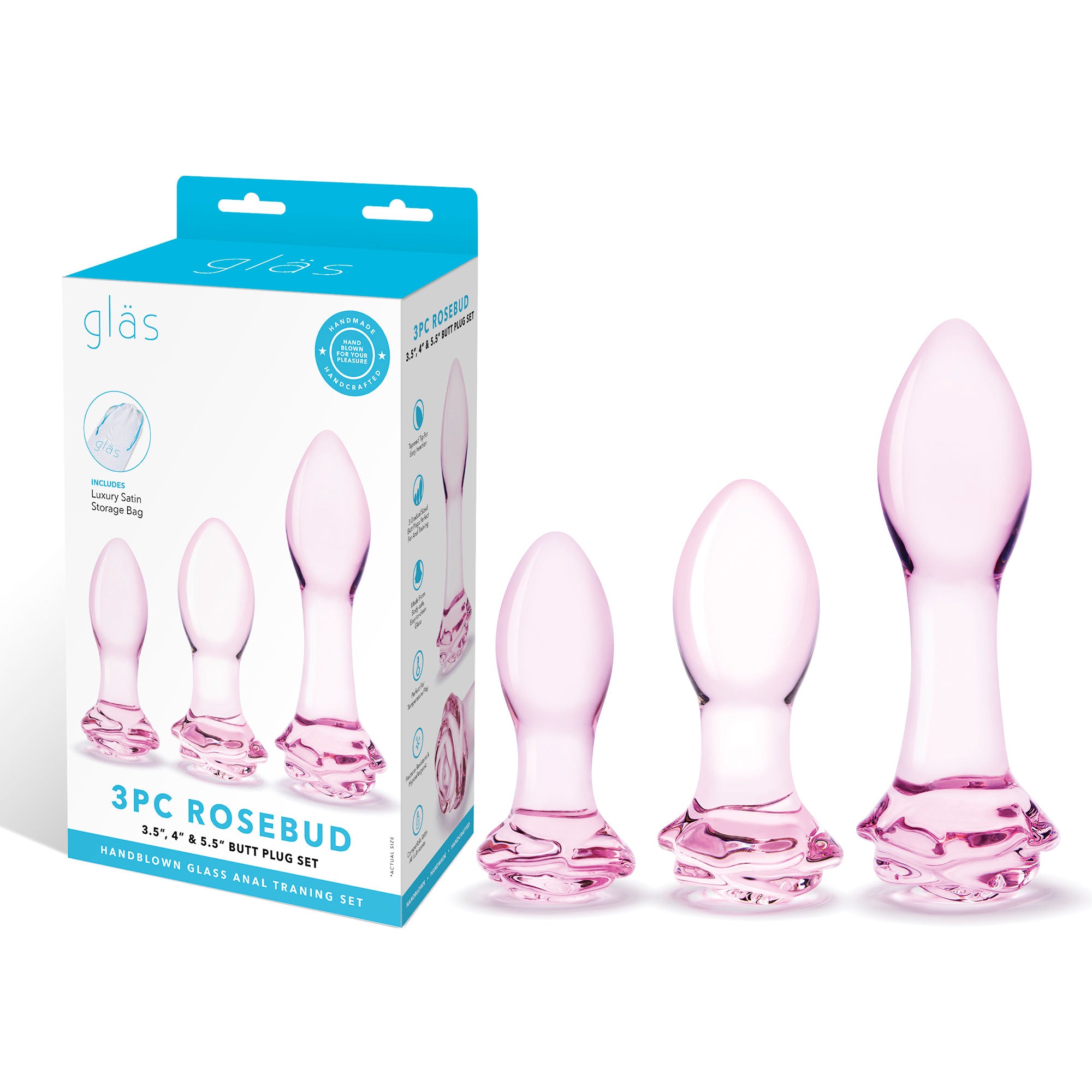 Glas 3PC Rosebud Butt Plug Set Pink Handblown Glass Anal Training Set 3.5, 4.5, and 5.5 Inches > Glass > Toys