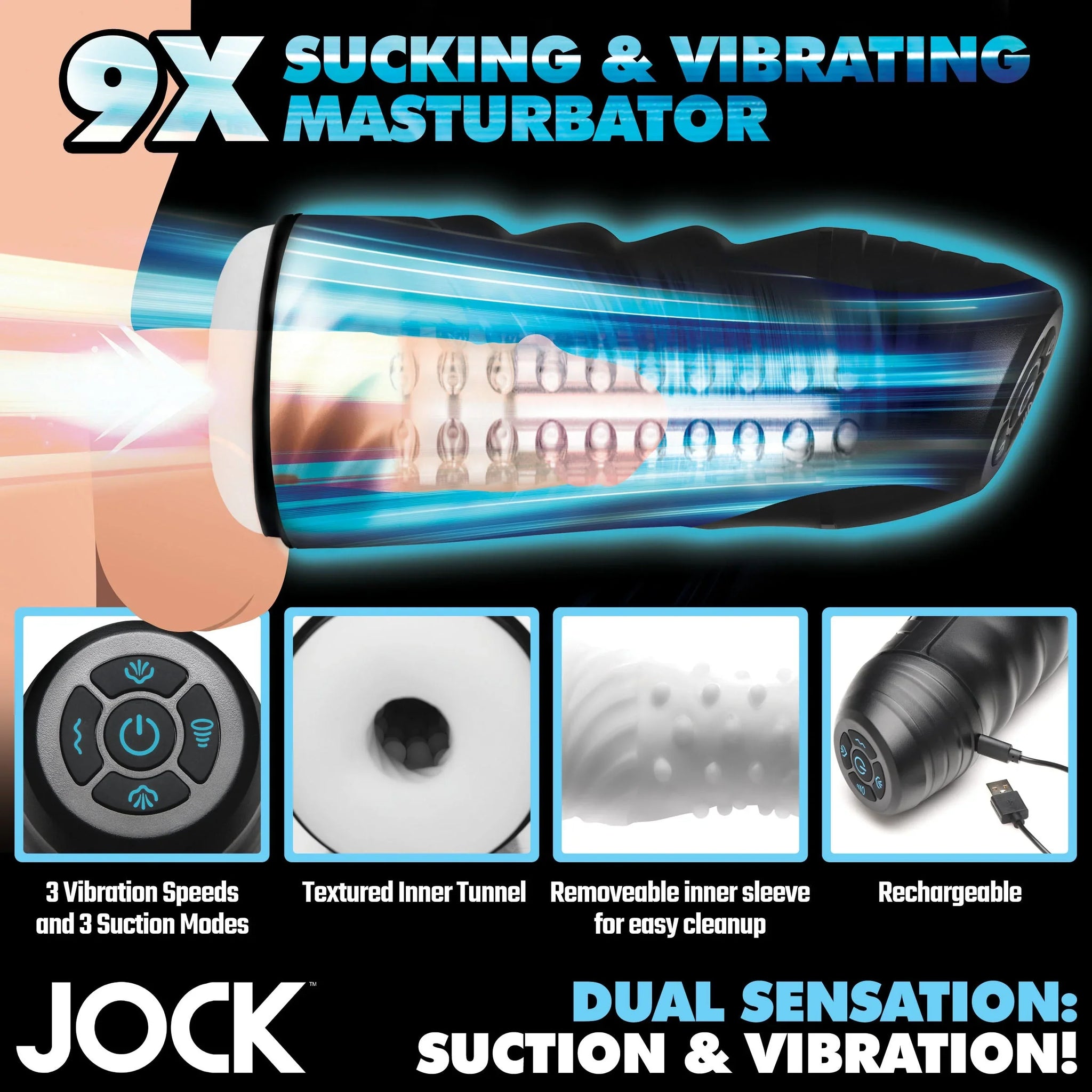 Jock 9X Sucking and Vibrating Masturbator – Multi-Textured Sleeve > Sex Toys For Men > Masturbators Premium