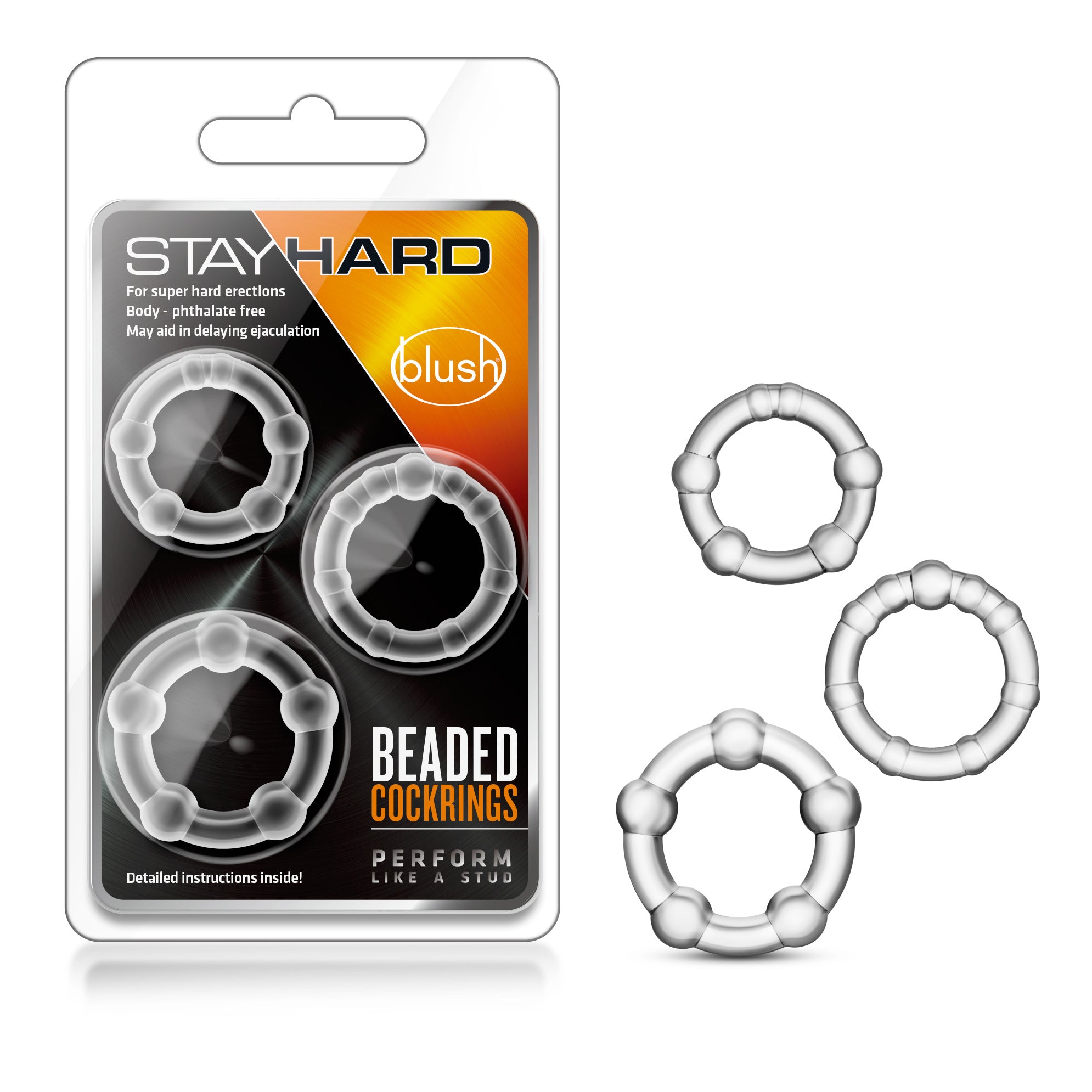 Stay Hard Beaded Cockrings Set of 3 Sizes - Clear Secondary image
