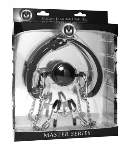 Hinder Breathable Silicone Ball Gag With Nipple Clamps > Bondage Gear > Gags and Bits