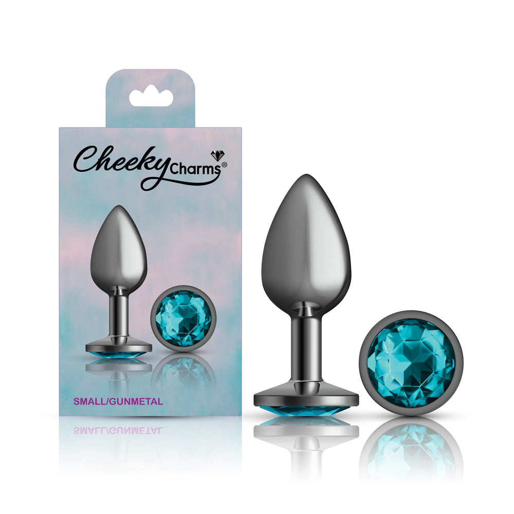 Cheeky Charms Gunmetal Round Butt Plug With Teal Jewel Small > Anal Range > Jewel Butt Plugs