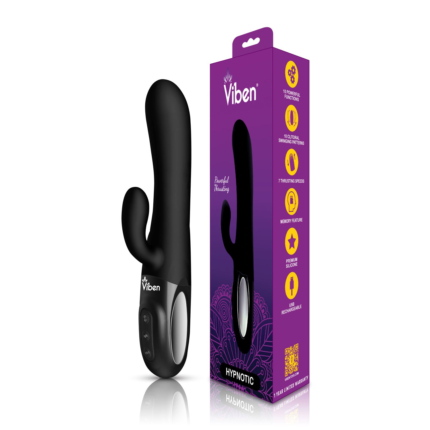 Viben Hypnotic Thrusting Rabbit Vibe with Swinging Clit Stimulator in Black VIBRATORS-RABBIT