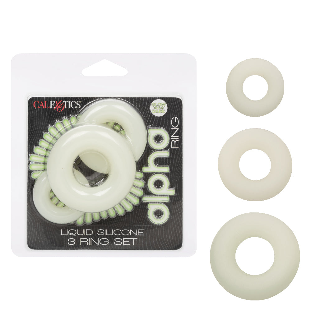 Alpha Glow-In-The-Dark Liquid Silicone 3 Ring Set in White with Multiple Sizes COCK RING Set