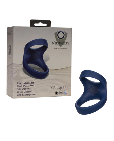 Viceroy Max Dual Ring Blue Liquid Silicone 2.75in x 2in with 10 Vibration Functions Rechargeable > Cock Ring > Sling