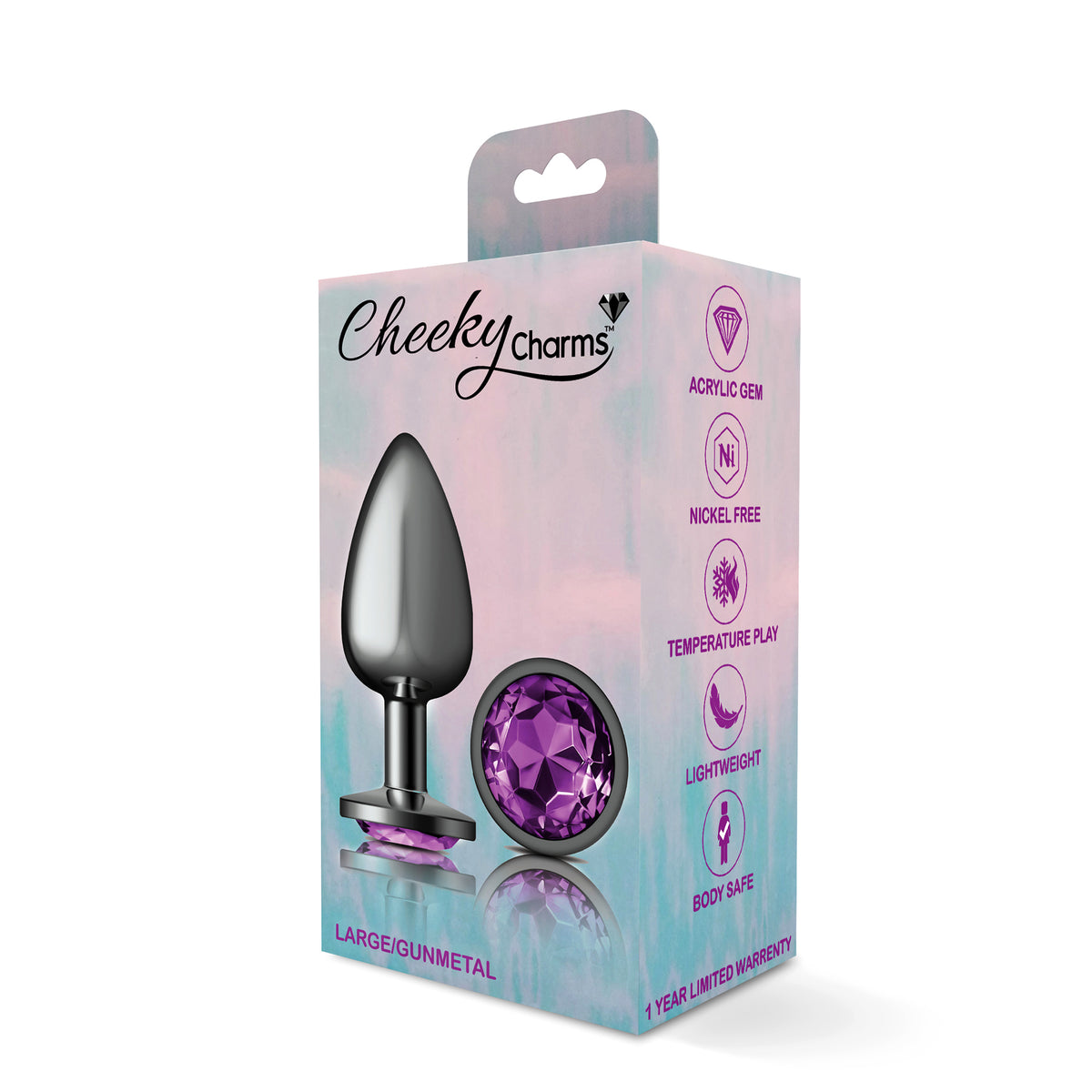 Cheeky Charms Gunmetal Round Butt Plug with Purple Jewel Large (9.12cm) > Anal Range > Jewel Butt Plugs
