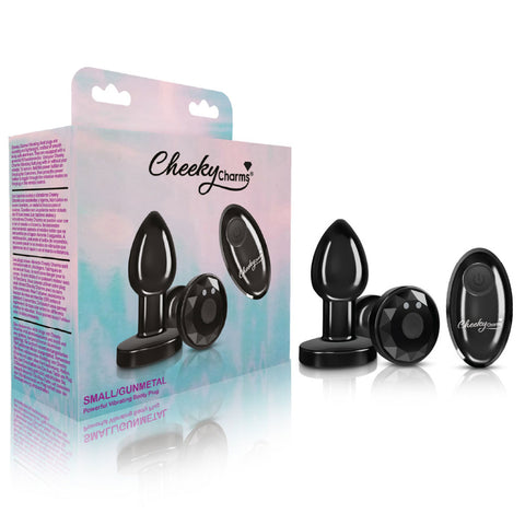 Cheeky Charms Small Gunmetal Vibrating Metal Butt Plug with Remote Black > Anal Range > Jewel Butt Plugs