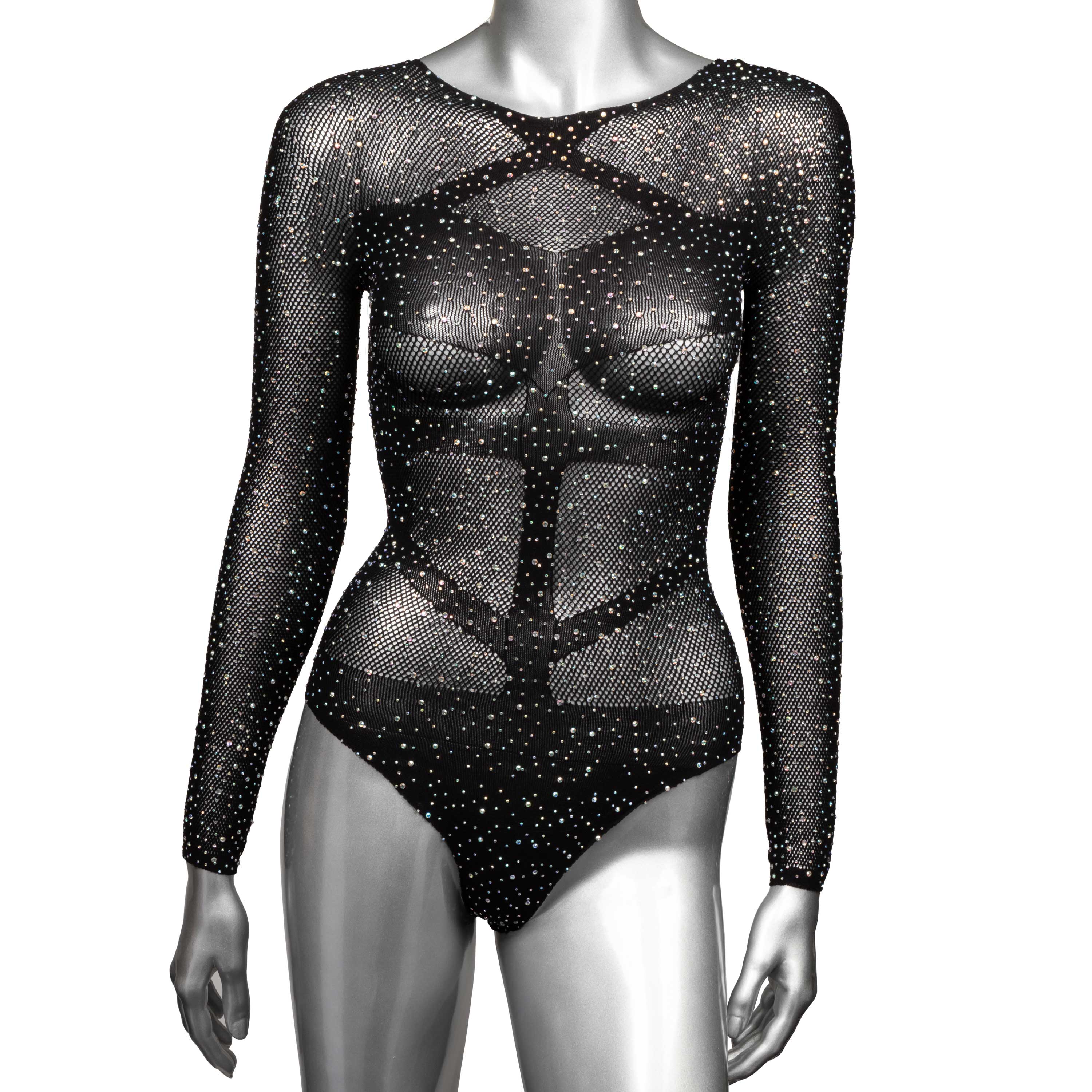 Radiance Long Sleeve Black Mesh Bodysuit – Rhinestone Lingerie > Clothes > Bodies and Playsuits