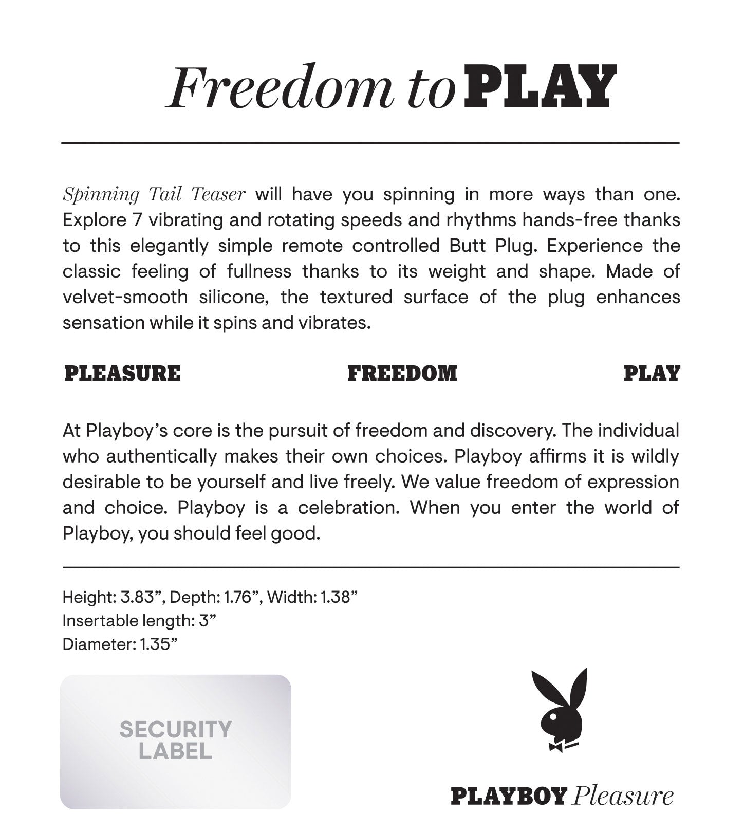 Playboy Pleasure SPINNING TAIL TEASER Remote Butt Plug > Anal Range > Vibrating Butt Plugs