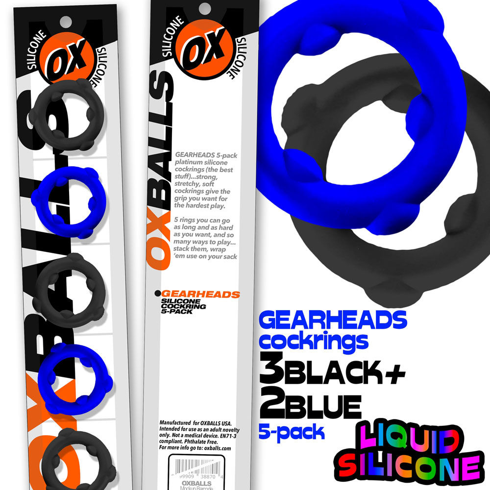 Gearheads 5 Pack Spinner Rings (Black Vapor) – Stretchy Silicone Cock Rings Blue > Cock Ring > Sets