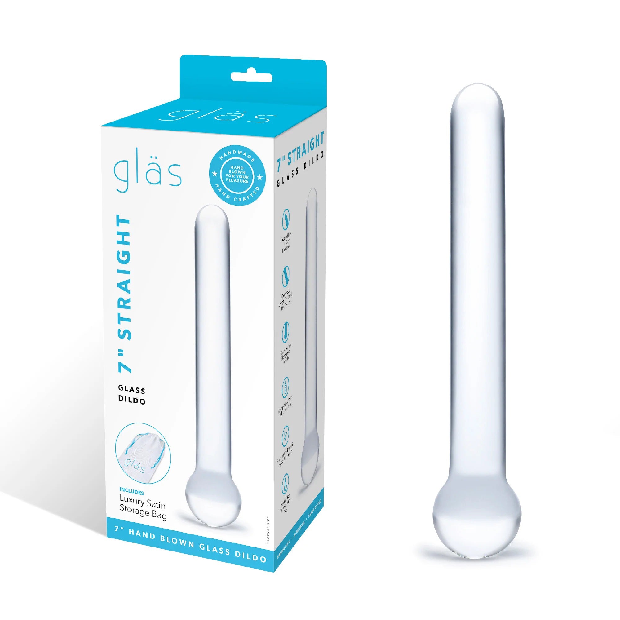 Glas 7 Inch Straight Clear Glass Dildo with Bulbous Handle and Luxury Satin Storage Bag > Glass > Dildos
