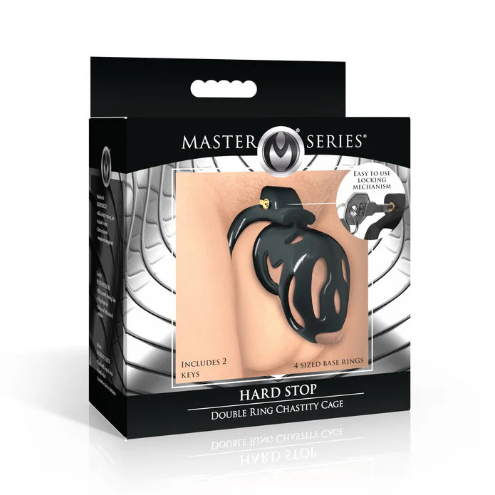 Hard Stop Double Ring Chastity Cage Black Black Cages