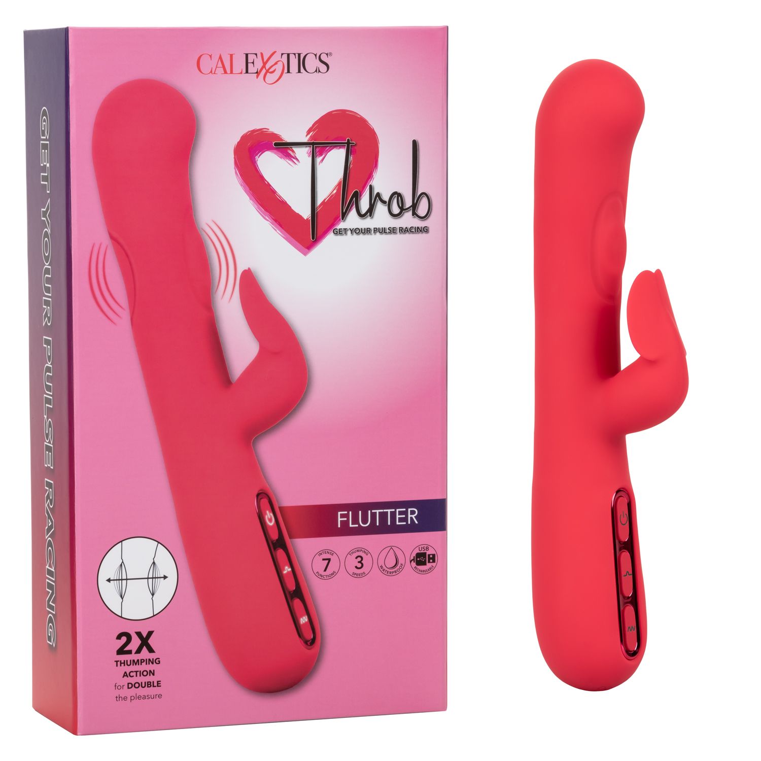 Throb Flutter Red Dual Stimulator Massager with 2x Thumping Action and 7 Vibration Functions, Silicone Waterproof Vibrator > Vibrators > Ladies > Rabbit