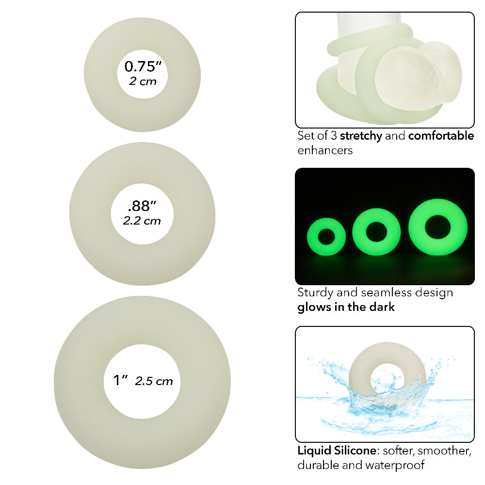 Alpha Glow-In-The-Dark Liquid Silicone 3 Ring Set in White with Multiple Sizes COCK RING Set