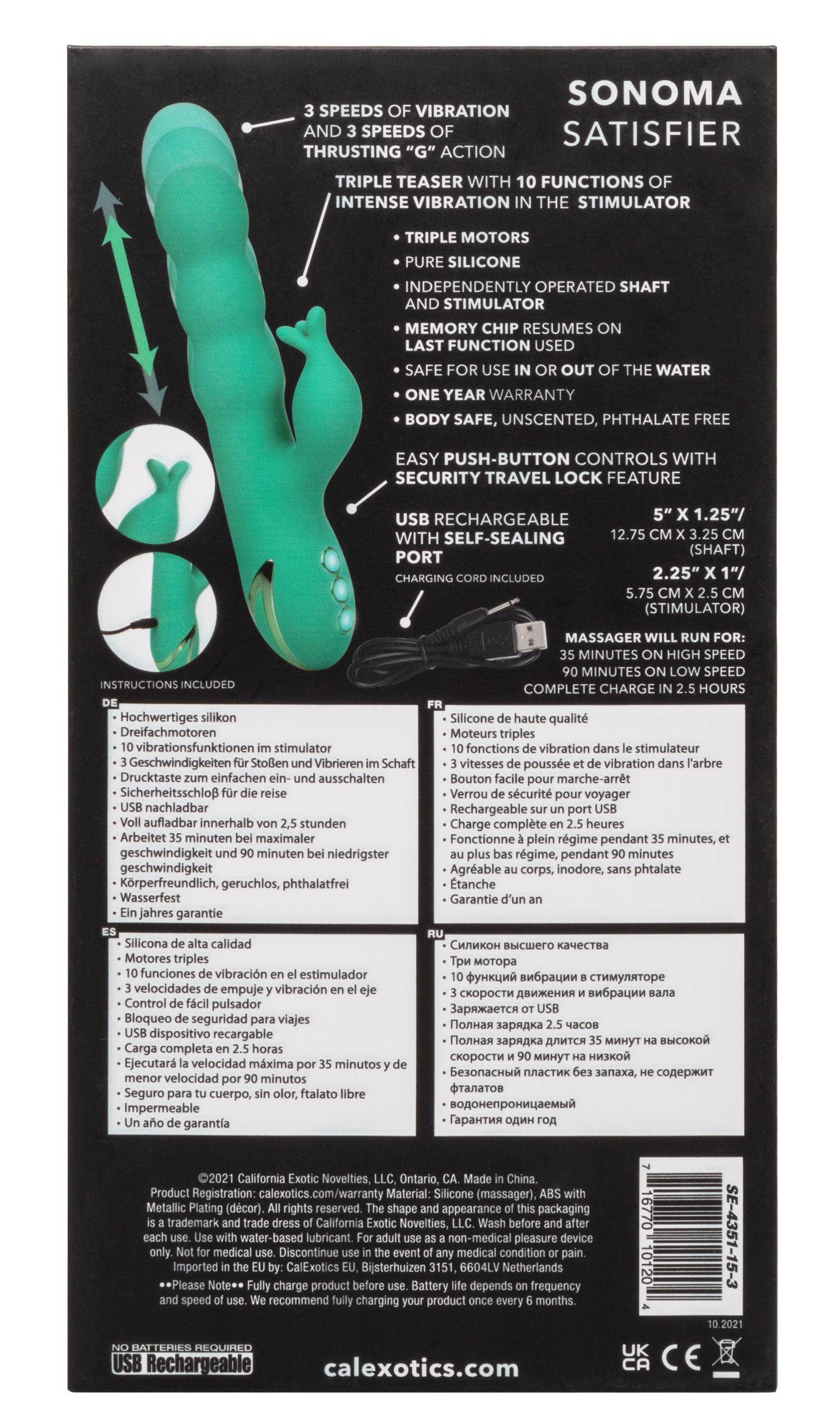 California Dreaming Sonoma Satisfier – Luxury Massager with 10 Vibration Functions and 3 Thrusting Speeds > Vibrators > Ladies > Rabbit