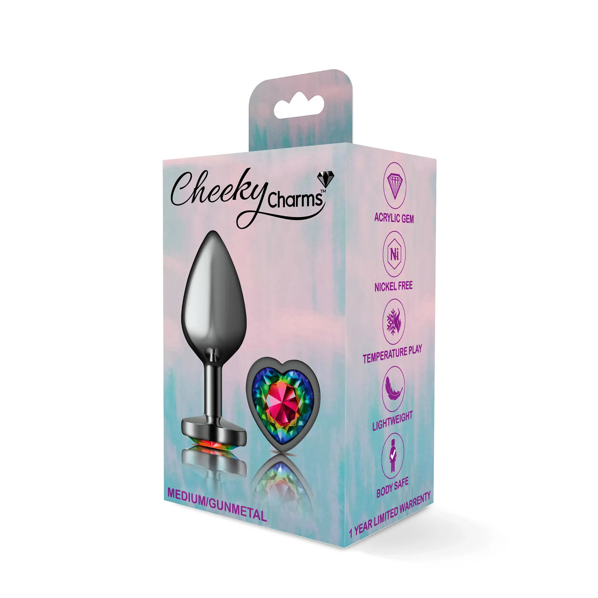 Cheeky Charms Gunmetal Medium Butt Plug with Heart Rainbow Jewel > Anal Range > Jewel Butt Plugs
