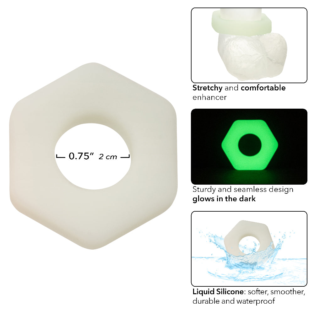 Alpha Glow-In-The-Dark Liquid Silicone Prolong Sexagon Ring White Medium COCK RINGS