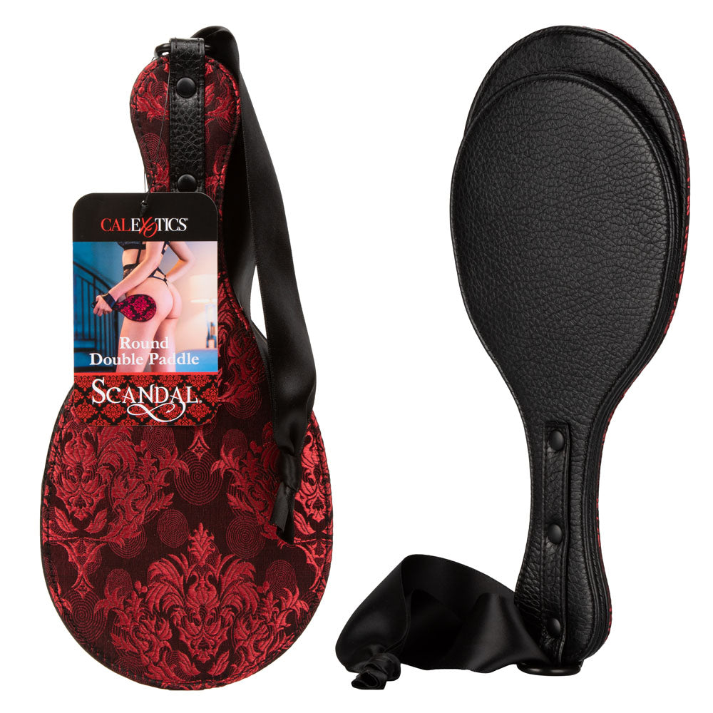 Scandal Round Double Paddle Red and Black Plush Dual Layer Paddle with Leatherette Interior and Brocade Exterior > Bondage Gear > Paddles