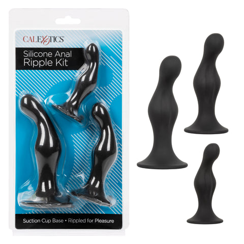 Silicone Anal Ripple Kit Set of 3 Black Graduated Curved Anal Plugs with Suction Cup Base > Anal Range > Butt Plug Kits