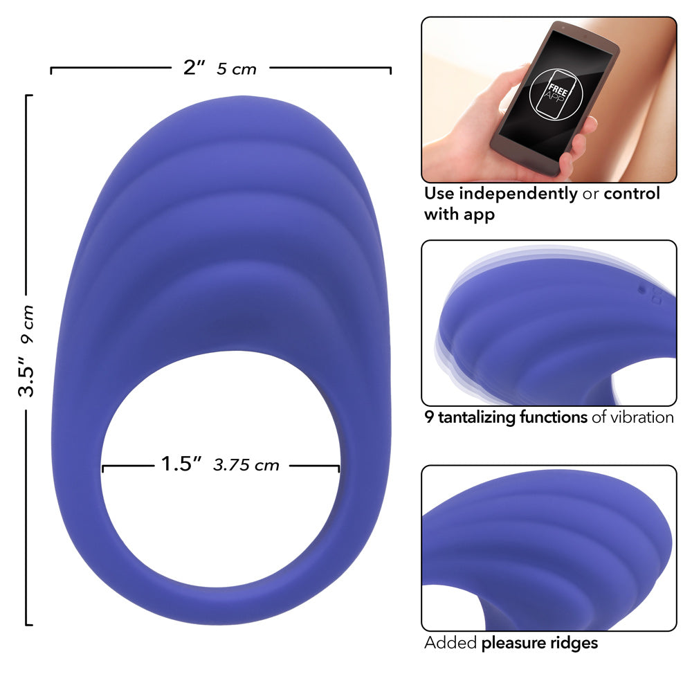 CalExotics Connect Couples Ring Blue Silicone App Controlled Waterproof Size Medium Cock Rings Vibrating