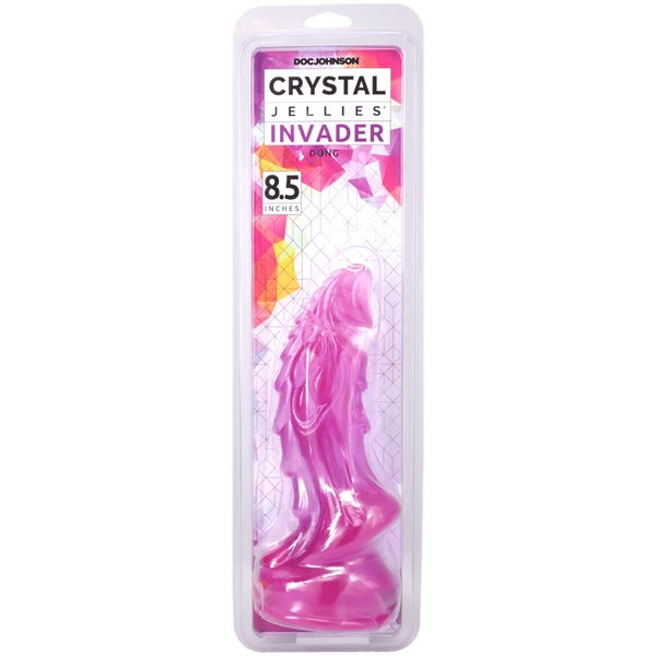 Crystal Jellies Mythical Invader 8.5 Inch Suction Cup Dildo Purple in packaging
