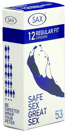 Sax Condoms Regular – 53mm Nominal Width Latex Condoms Pack of 12 One Size > Essentials > Condoms
