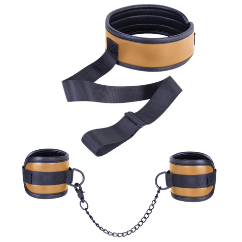 Adjustable Brown Collar with Handcuffs – Velcro Lock, Webbing Strap, 22.4cm Chain > Bondage Gear > Restraints