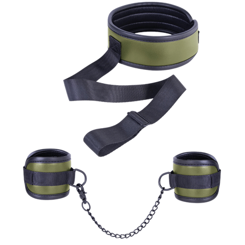 Adjustable Brown Collar with Handcuffs – Velcro Lock, Webbing Strap, 22.4cm Chain > Bondage Gear > Restraints