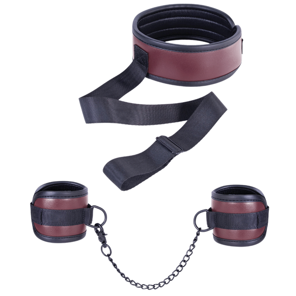 Adjustable Brown Collar with Handcuffs – Velcro Lock, Webbing Strap, 22.4cm Chain > Bondage Gear > Restraints