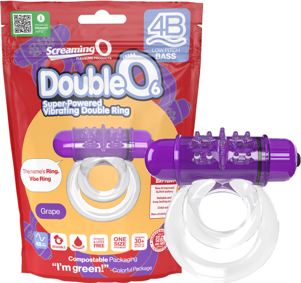 Double O 6 4B Low Pitch Bass Vibrating Ring with Raised Pleasure Ticklers and Extended Battery Life Grape > Cock Ring > Vibrating