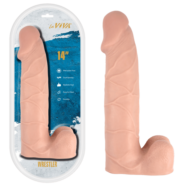 A flesh-toned textured dildo shown both inside its retail blister packaging and unpackaged on a plain white background. The package features a blue graphic insert with product details and the brand name 'VINTA' at the top.
