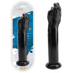 Black iron fist adult novelty product shown both inside its retail blister packaging and standing unpackaged on a plain white background. The package features a white border with blue graphic accents and gold text reading 'LIVA' and 'IRON FIST 13"'.