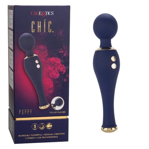 Chic Poppy Navy Blue Ultra-Plush Silicone Massager with 5 Vibration Levels and Gold Accents, Rechargeable, Waterproof > Sex Toys > Massage Wands