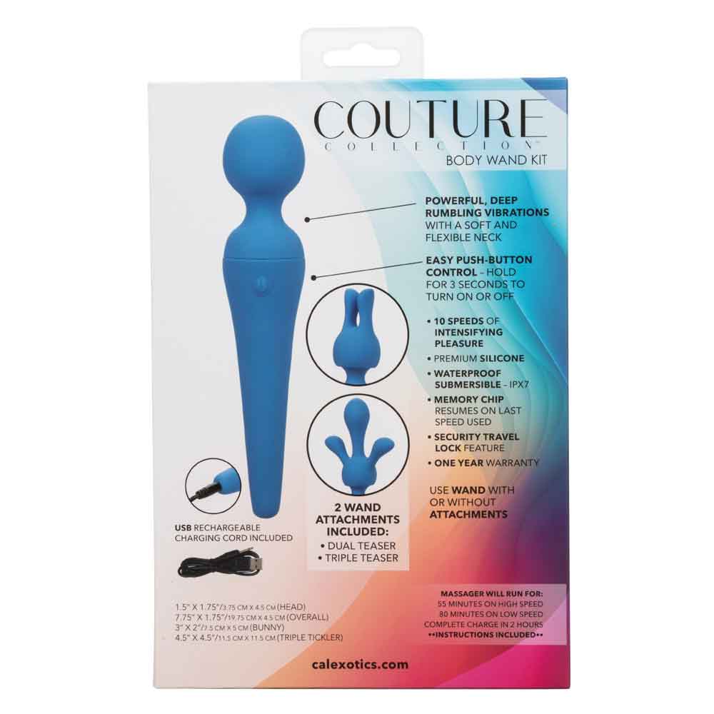 Couture Collection™ Body Wand Kit Blue Silicone Waterproof with Dual and Triple Teaser Attachments > Sex Toys > Massage Wands