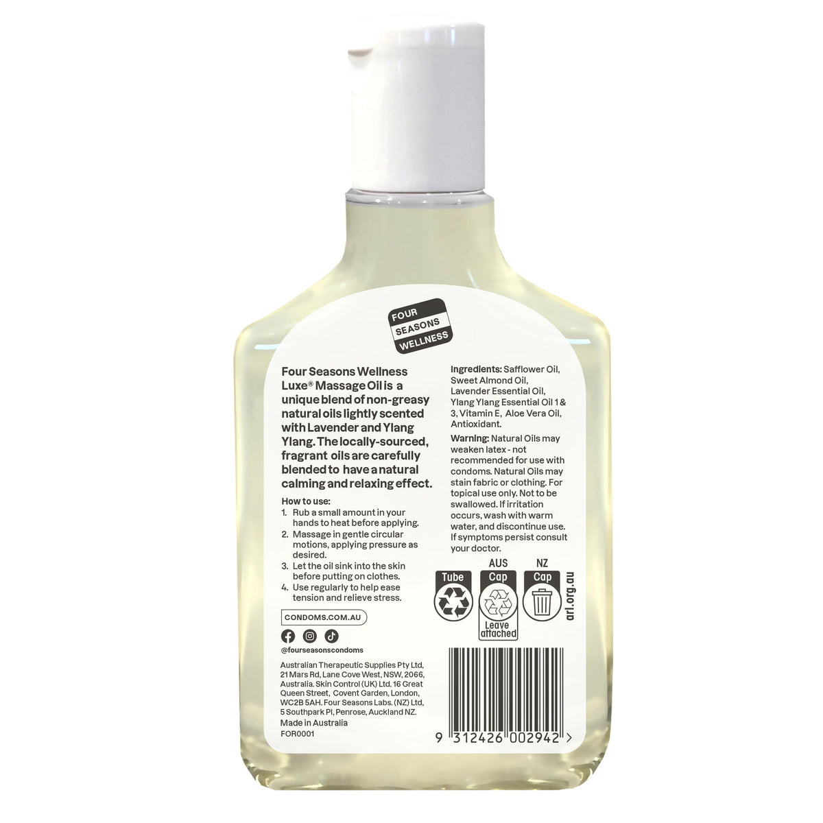 Four Seasons Massage Oil 150 mls with Lavender and Ylang Ylang Scent > Essentials > Massage Oil