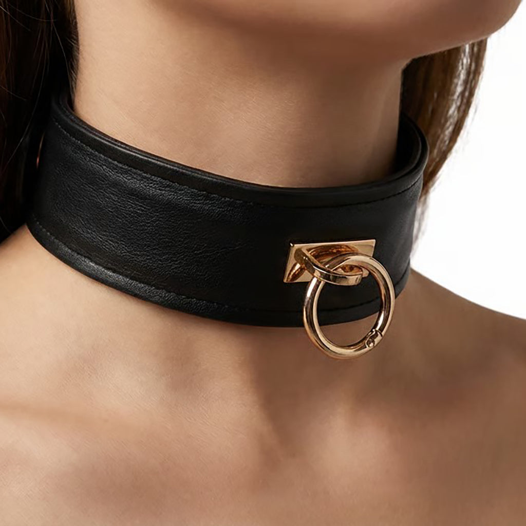 Rouge Leather Collar with Gold Accent and Detachable O-Ring – Adjustable Leather Collar > Bondage Gear > Collars & Leashes