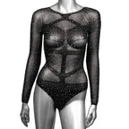 Radiance Plus Size Long Sleeve Black Mesh Rhinestone Body Suit Fits Up To 3X > Clothes > Plus Size Lingerie