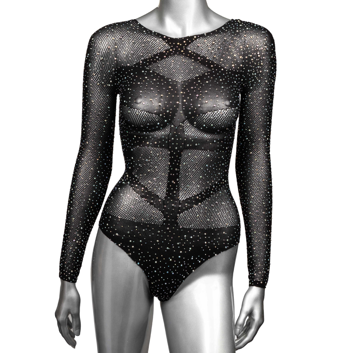 Radiance Plus Size Long Sleeve Black Mesh Rhinestone Body Suit Fits Up To 3X > Clothes > Plus Size Lingerie