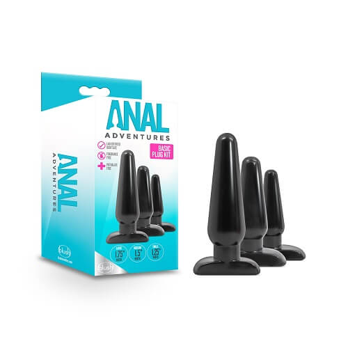 Anal Adventures 3 Pc Basic Plug Kit (Black) – Beginner 4 Inch and Medium Butt Plug Set > Anal Range > Butt Plug Kits