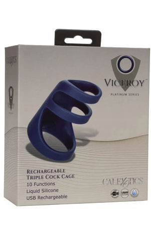 Viceroy Triple Cock Cage Liquid Silicone Ring with 10 Vibration Functions, Blue, 3.5in x 2in Default Title > Bondage Gear > Male Chastity