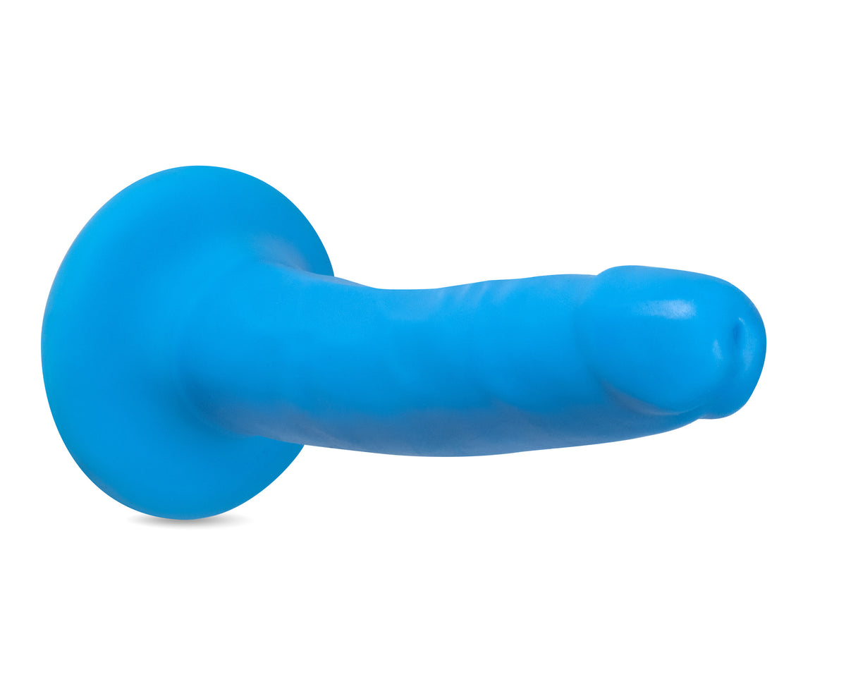 Neo Elite 6 Inch Silicone Dildo Neon Blue, angled view