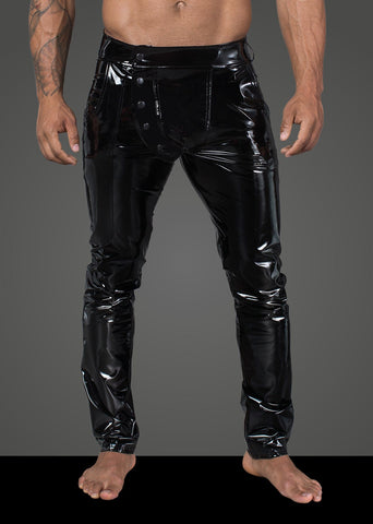 Long Black Elastic PVC Pants for Men with Front Snaps Mens Latex