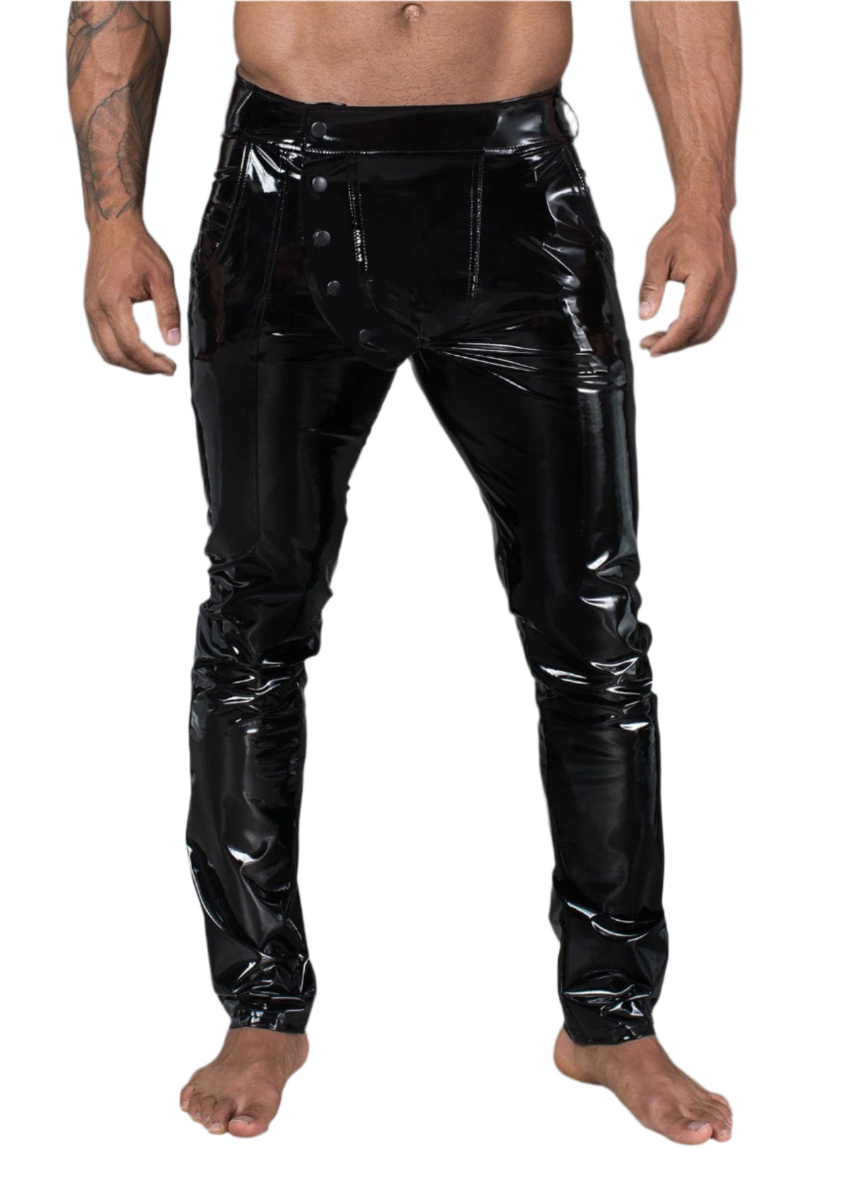 Long Black Elastic PVC Pants for Men with Front Snaps Mens Latex
