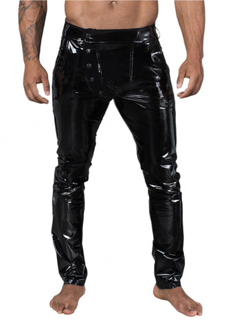 Long Black Elastic PVC Pants for Men with Front Snaps Mens Latex
